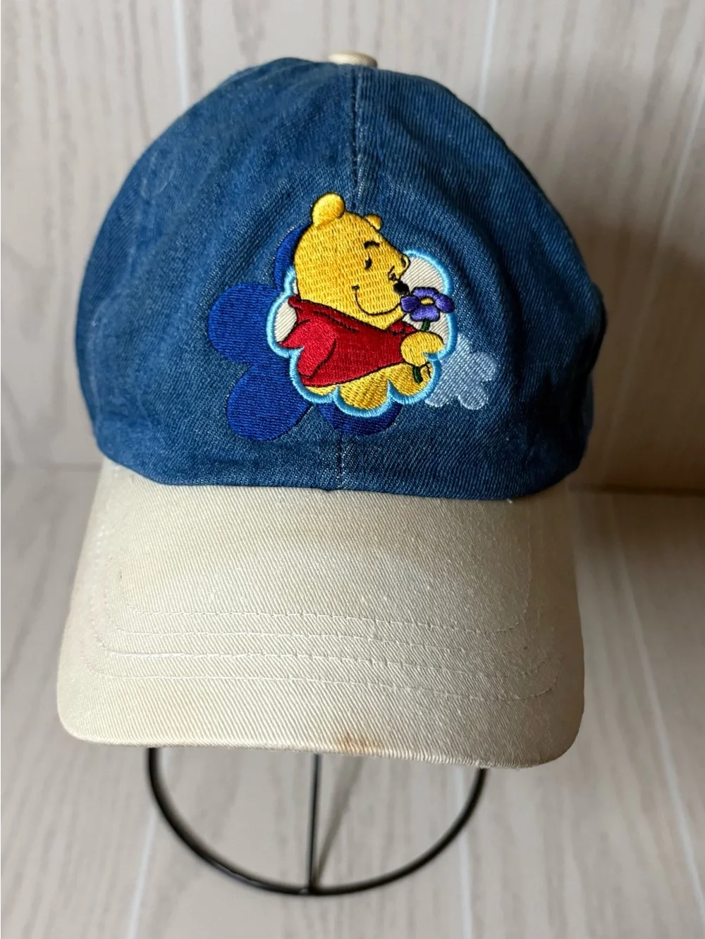 VINTAGE Winnie The Pooh Hat Blue Denim Cap Stretch Back 90s Disney Retro